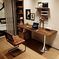 Modern Wooden Desk With Laptop Leather Chair Wall Shelf And Decorative Posters