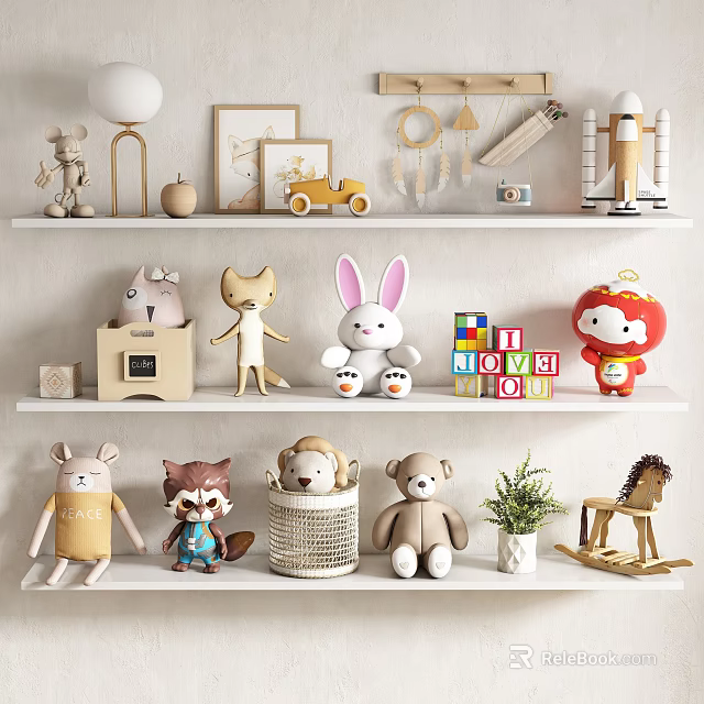 Cute Stuffed Toys Display On Shelves With Decorations 3d model