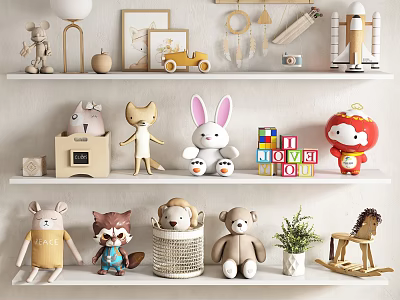 Cute Stuffed Toys Display On Shelves With Decorations 3d model