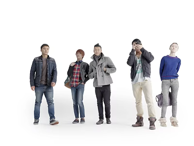 Five People Standing In A Row With Different Jackets And Pants 3d model