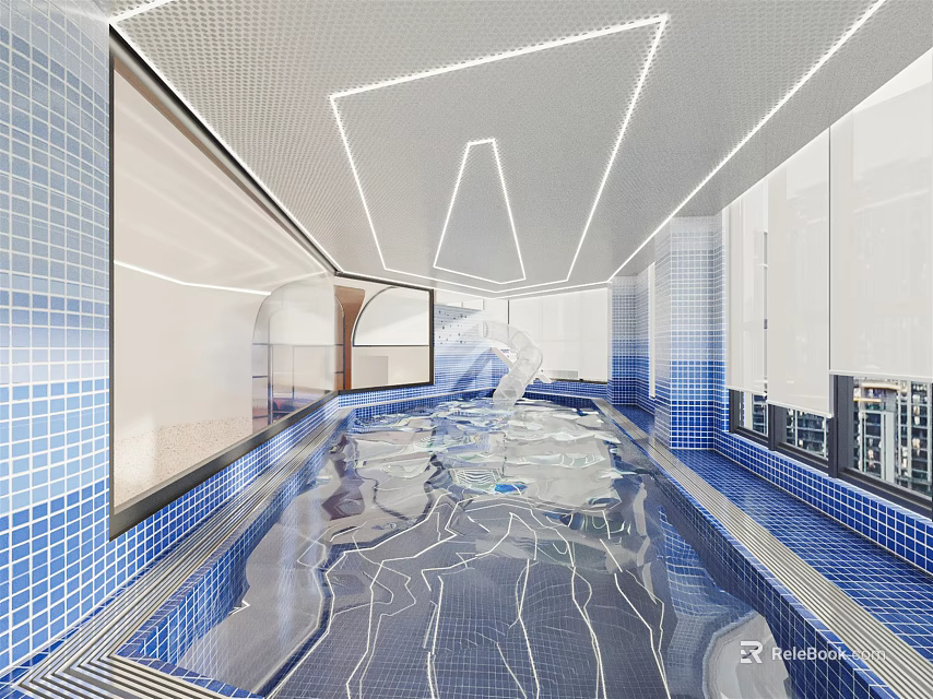 Modern Indoor Swimming Pool Interior With Blue Tiles And Ceiling Lighting 3d model 