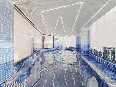 Modern Indoor Swimming Pool Interior With Blue Tiles And Ceiling Lighting 3d model