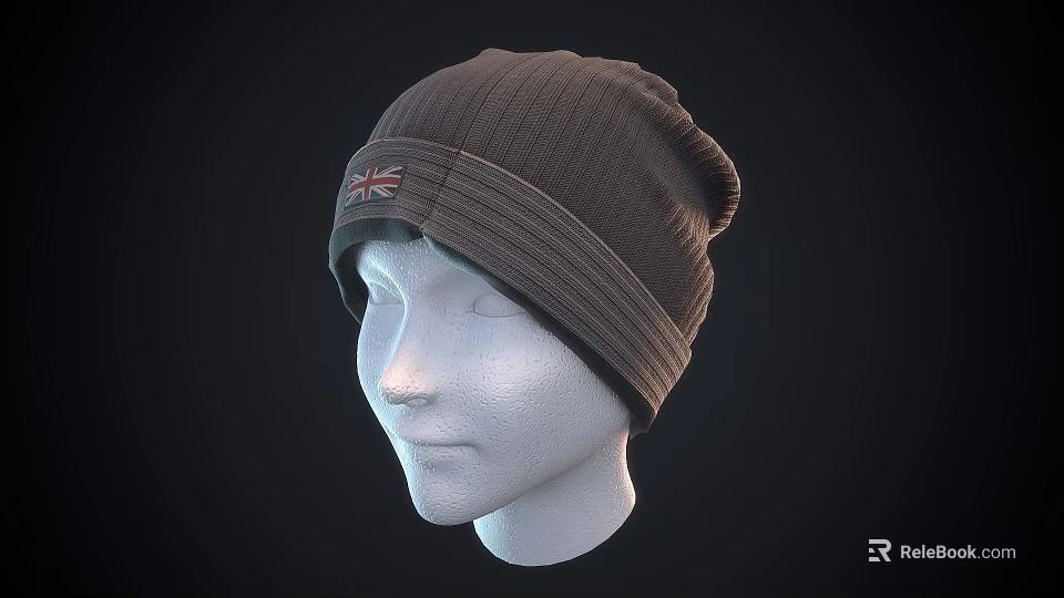 Ribbed Dark Gray Knitted Beanie Hat Featuring British Flag Badge Design 3d model 