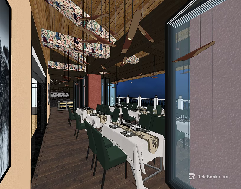 Elegant Restaurant Interior With Green Chairs White Tablecloths Decorative Ceiling Fans And Wooden Ceiling 3d model 