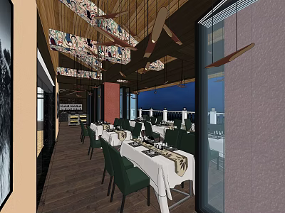Elegant Restaurant Interior With Green Chairs White Tablecloths Decorative Ceiling Fans And Wooden Ceiling 3d model