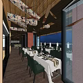 Elegant Restaurant Interior With Green Chairs White Tablecloths Decorative Ceiling Fans And Wooden Ceiling