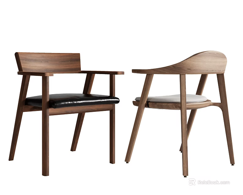 Modern Wooden Dining Chairs With Armrests And Black Light Colored Cushions 3d model 