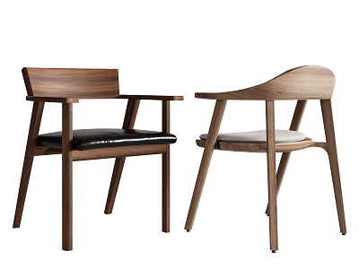 Modern Wooden Dining Chairs With Armrests And Black Light Colored Cushions 3d model