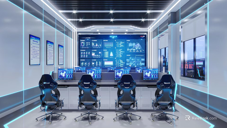 Modern High Tech Monitoring Control Room With Big Data Display Screen And Professional Operator Workstations 3d model 