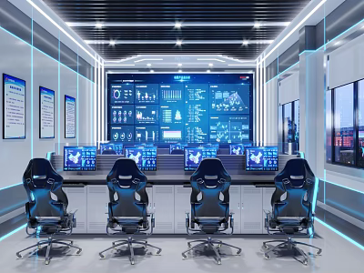 Modern High Tech Monitoring Control Room With Big Data Display Screen And Professional Operator Workstations 3d model