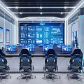 Modern High Tech Monitoring Control Room With Big Data Display Screen And Professional Operator Workstations