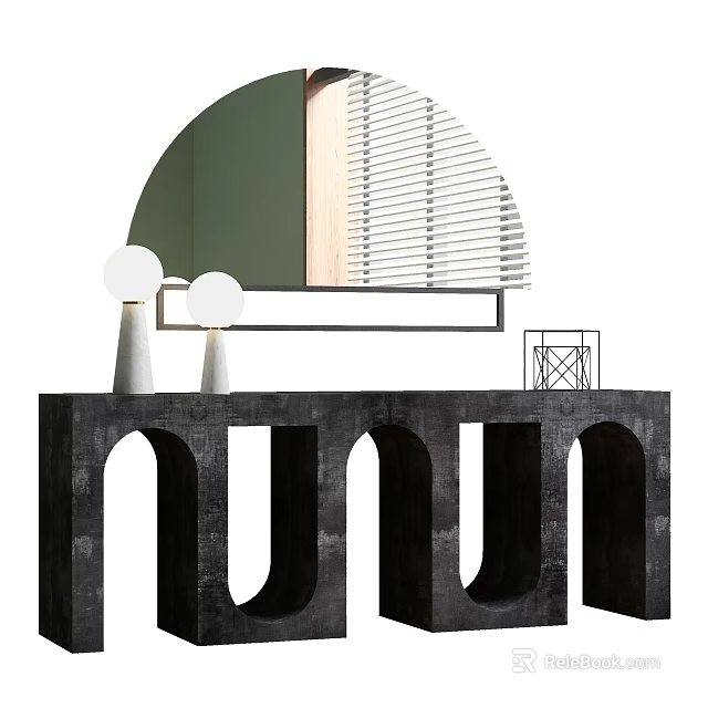Modern Console Table With Black Stone Top Arch Design And White Spherical Lamps 3d model 