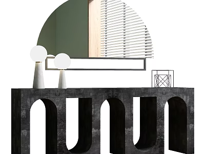 Modern Console Table With Black Stone Top Arch Design And White Spherical Lamps 3d model