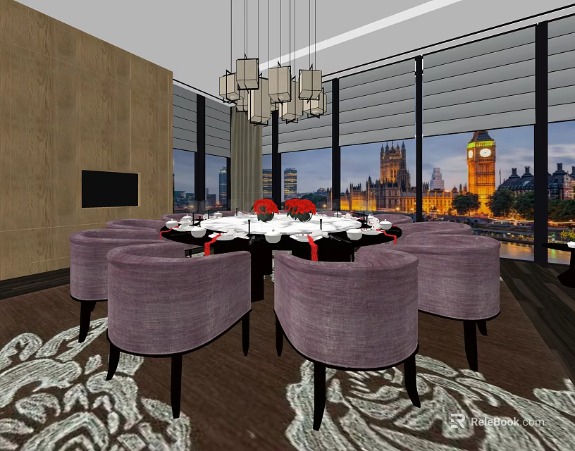 Private Dining Room With Round Table Purple Chairs Chandelier Patterned Carpet And City View 3d model 