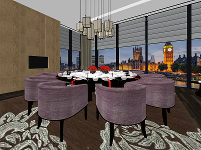 Private Dining Room With Round Table Purple Chairs Chandelier Patterned Carpet And City View 3d model