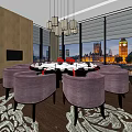 Private Dining Room With Round Table Purple Chairs Chandelier Patterned Carpet And City View