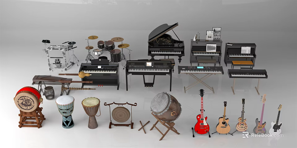 Various Musical Instruments Collection Including Pianos Guitars Drums Drum Sets And Keyboards 3d model 