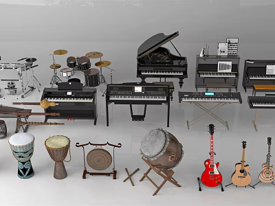 Various Musical Instruments Collection Including Pianos Guitars Drums Drum Sets And Keyboards 3d model