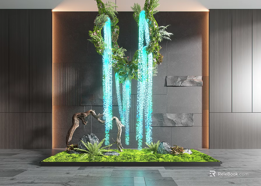 Modern Garden Decor Featuring Green Grass Blue Waterfall Hanging Plants Driftwood Stones And Warm Lighting 3d model 