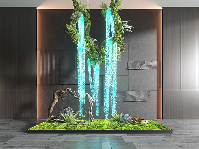 Modern Garden Decor Featuring Green Grass Blue Waterfall Hanging Plants Driftwood Stones And Warm Lighting 3d model