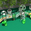 Kindergarten Outdoor Playground With Green Floor Soccer Ball Shaped Structures Slides And Trees