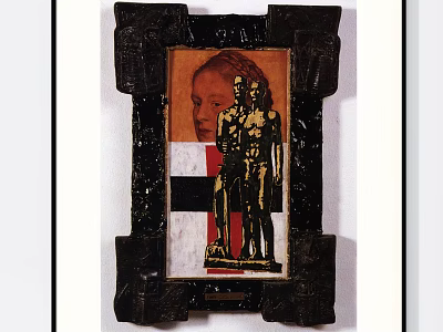 Abstract Painting With Two Human Figures And Red White Black Sections In Textured Dark Frame 3d model