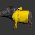 Warthog Wearing Yellow Raincoat With Plaid Collar On Gray Background And Floor Reflection