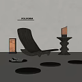 Modern Black Lounge Chair with Unique Table Lamp Decorative Lantern and Round Tray