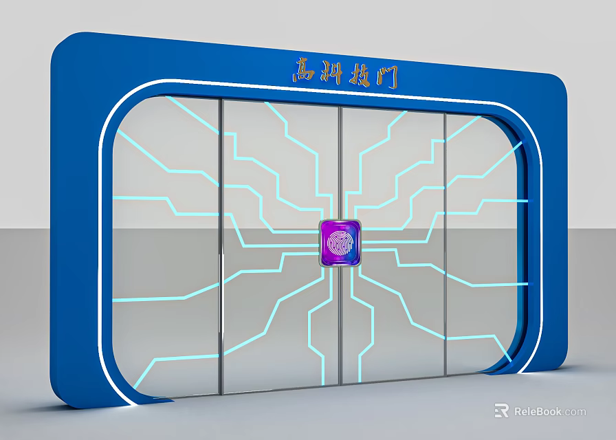 Blue High Tech Door With Illuminated Lines And Purple Circular Device 3d model 