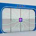 Blue High Tech Door With Illuminated Lines And Purple Circular Device 3d model