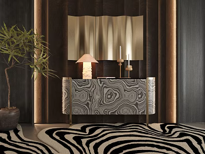 Elegant Modern Entryway Console Cabinet With Marble Pattern Gold Mirror And Zebra Rug 3d model