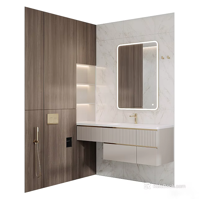 Modern Bathroom Shower Head With Marble Wall Mirror And Wooden Cabinet Vanity 3d model 