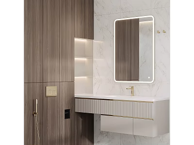 Modern Bathroom Shower Head With Marble Wall Mirror And Wooden Cabinet Vanity 3d model