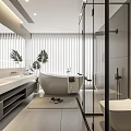 Modern Bathroom Interior With Freestanding Bathtub Double Vanity And Glass Shower