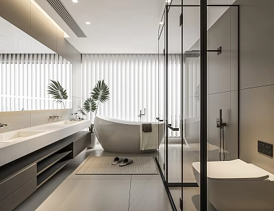 Modern Bathroom Interior With Freestanding Bathtub Double Vanity And Glass Shower 3d model