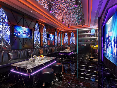Glamorous KTV Private Room With Neon Lights Marble Tables TVs And Sofas 3d model