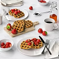 Fresh Homemade Waffles Topped With Strawberries Served With Coffee And Syrup On Marble Table