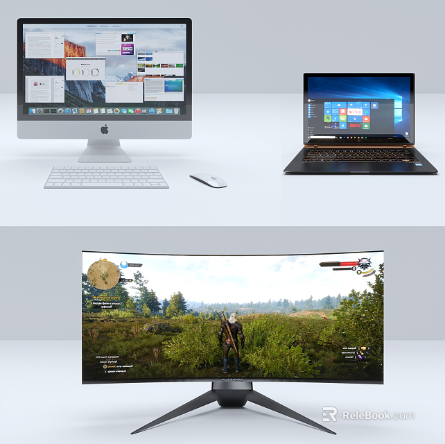 Desktop And Laptop Computers With Curved Gaming Monitor 3d model 