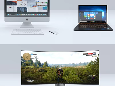 Desktop And Laptop Computers With Curved Gaming Monitor 3d model