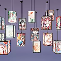 Colorful Square Shaped Chandeliers With Artistic Patterns Hanging Decorative Design 3d model