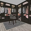 Well Organized Walk-in Closet With Hanging Clothes Drawers Folded Garments Chair And Rug