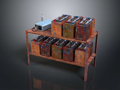 Multiple Rusted Batteries Arranged on Metal Rack with Power Supply Unit 3d model