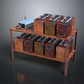 Multiple Rusted Batteries Arranged on Metal Rack with Power Supply Unit