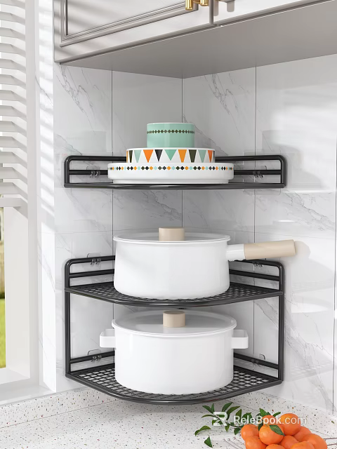 Black Two Tier Bathroom Shelf With Dishes Plates And Pots On Marble Tile Wall 3d model 