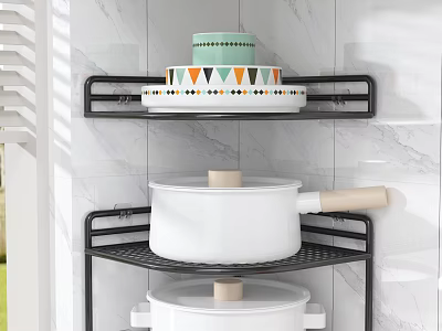 Black Two Tier Bathroom Shelf With Dishes Plates And Pots On Marble Tile Wall 3d model