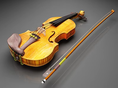 Wooden Violin With Bow On Gray Background For Musical Performance 3d model