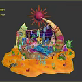 Vibrant Cartoon Scene With Red Sun Tent Characters Animals And Colorful Decorations