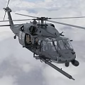 Military Helicopter Flying High in Cloudy Sky With Rotating Rotors And Aerial Equipment