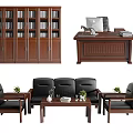 Wooden Office Desk With Computer Files Bookshelf Sofa Chairs And Coffee Table