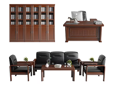 Wooden Office Desk With Computer Files Bookshelf Sofa Chairs And Coffee Table 3d model